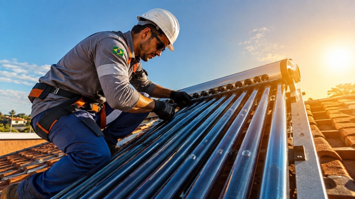 Installer fitting an evacuated-tube collector on a tiled roof